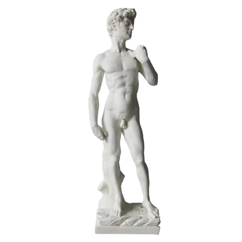 Classical Renaissance male statue with detailed anatomy, standing in contrapposto pose, inspired by old world European sculpture. Side View