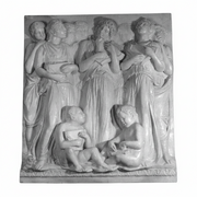 Classical relief sculpture featuring robed figures in flowing garments with ornate, old world European and Renaissance detailing. Side View