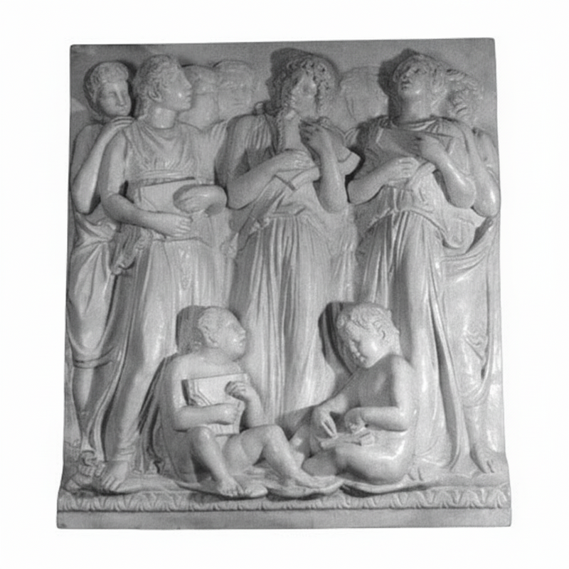 Classical relief sculpture featuring robed figures in flowing garments with ornate, old world European and Renaissance detailing. Side View