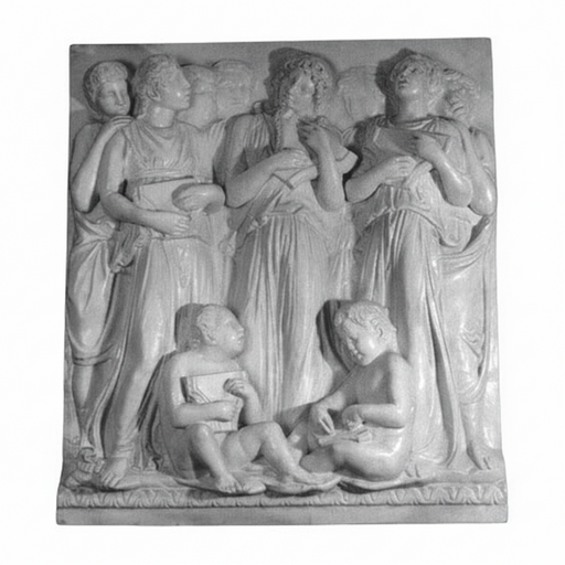 Classical relief sculpture featuring robed figures in flowing garments with ornate, old world European and Renaissance detailing. Side View
