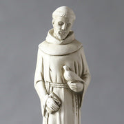 Saintly monk statue in old world European style, holding a bird with an ornate, classical design and a crane at his feet. Other Angle