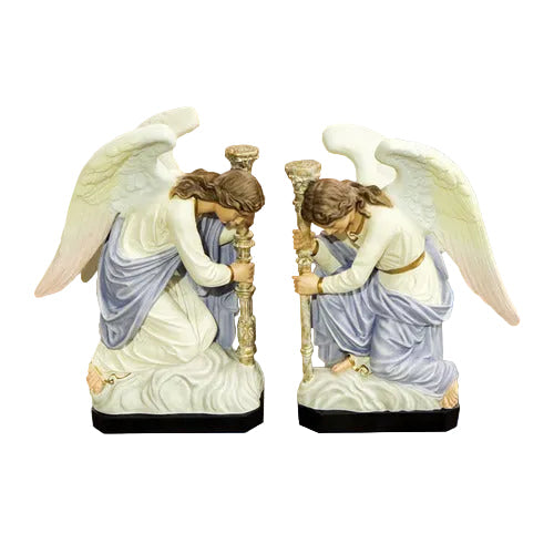 Kneeling angels in classical old world European style, holding ornate candlesticks with detailed Baroque-inspired accents. Side View