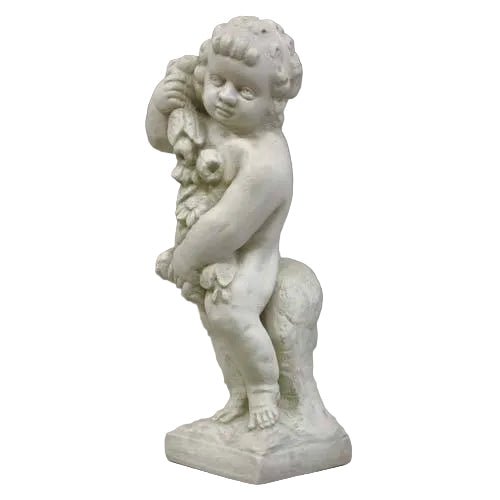 Cherub with Flowers on Base Outdoor Statue (24 - Inch) - Bella Statues