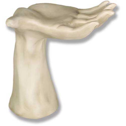 Sculpted hand pedestal with outstretched palm, featuring classical and old world European artistic style and ornate detailing.