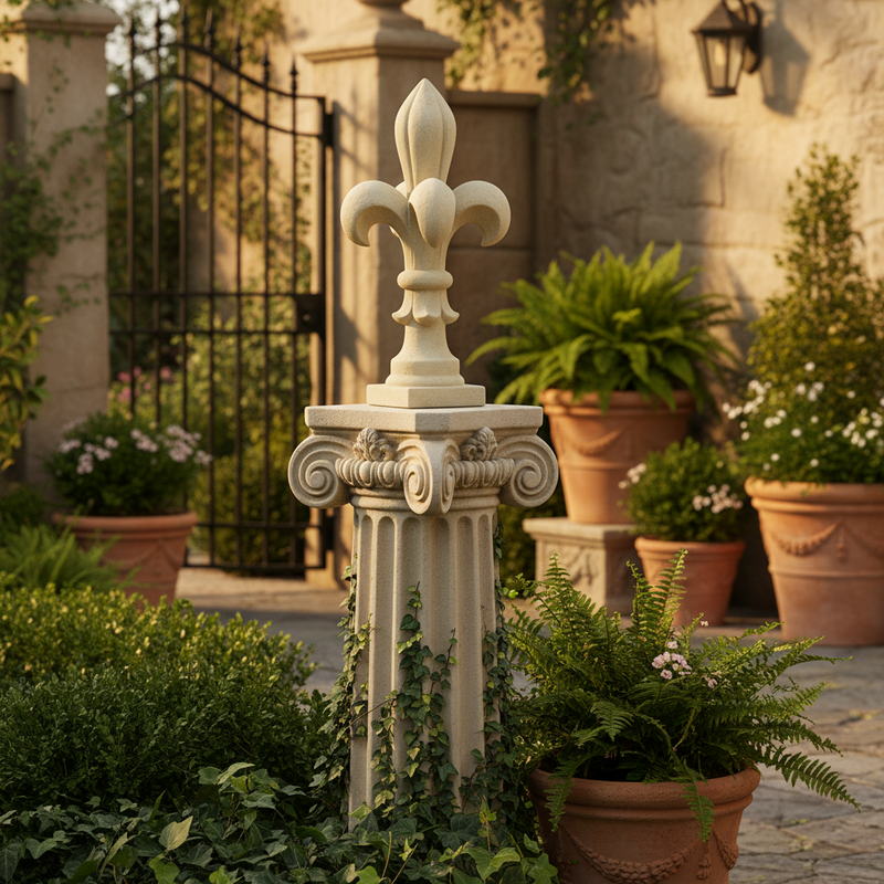 Fleur-de-lis finial with ornate, old world European design and classical, symmetrical Baroque detailing on a square base. Side Angle