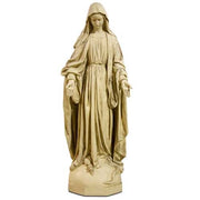 Madonna statue in classical Renaissance style with flowing drapery, serene expression, and outstretched hands on ornate pedestal. Side View