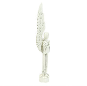 Winged angel statue with elongated, symmetrical wings and classical, old world European ornate detailing in a standing pose. Other Angle