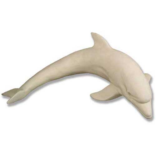 Dolphin sculpture with smooth, classical lines and subtle old world European influence in a graceful, arched swimming pose.