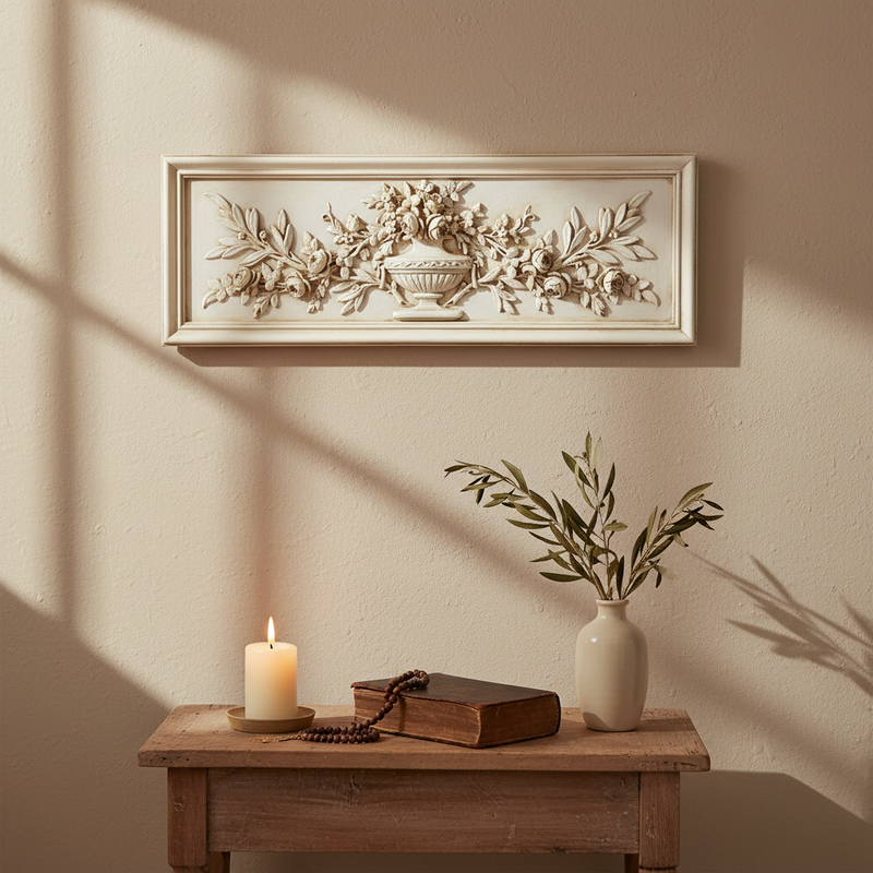 Ornate classical panel featuring a central urn with Baroque floral and fruit garlands in an old world European relief design. Side Angle