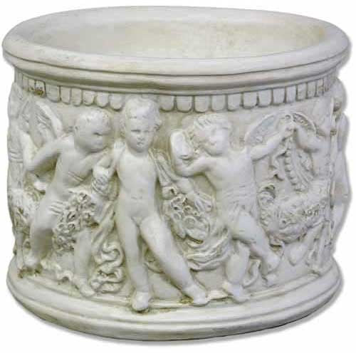 Ornate classical planter with Baroque cherub reliefs and intricate old world European detailing in a rounded, sculptural design.