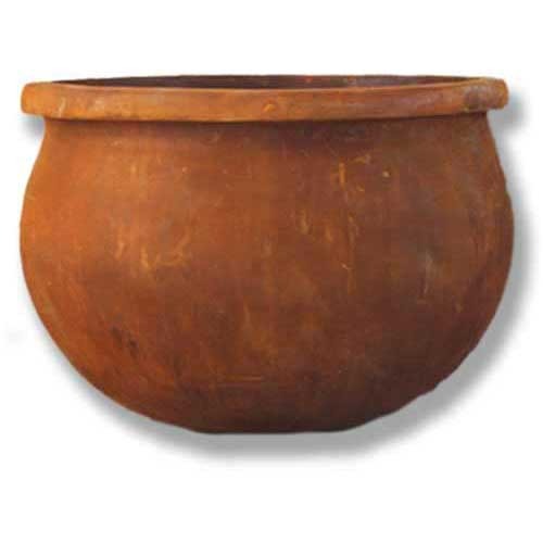 Round, wide-mouthed pot with a thick rim, featuring an old world European, classical design and a weathered, rustic finish.
