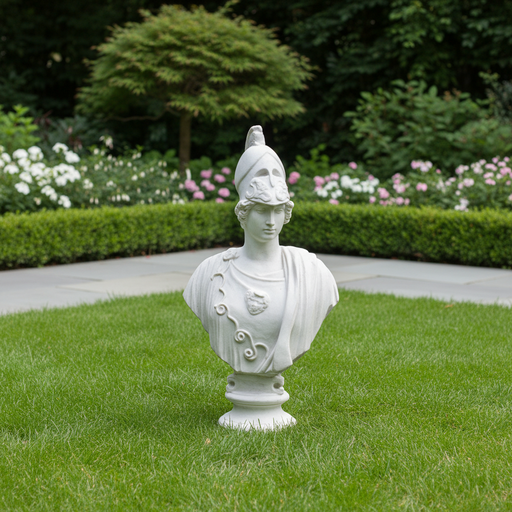 Classical Greek bust of a helmeted warrior with ornate detailing and traditional draped attire on a pedestal. Side Angle