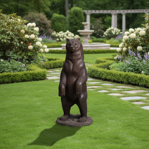 Standing bear statue with classical old world European style, featuring detailed fur and an ornate, lifelike medieval design. Side Angle