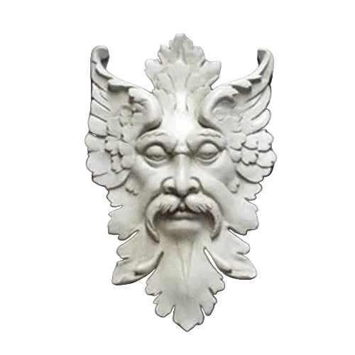 Grotesque face plaque with pointed ears, ornate leaf details, and classical old world European Baroque style features.