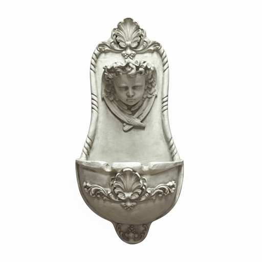 Wall fountain with ornate Baroque detailing, classical cherub face, and intricate scrollwork in old world European style. Side View