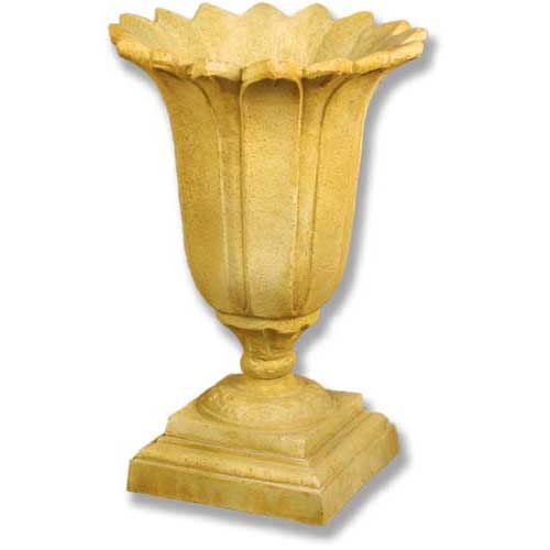 Ornate old world European urn planter with fluted, scalloped rim and classical pedestal base in a Baroque-inspired design.