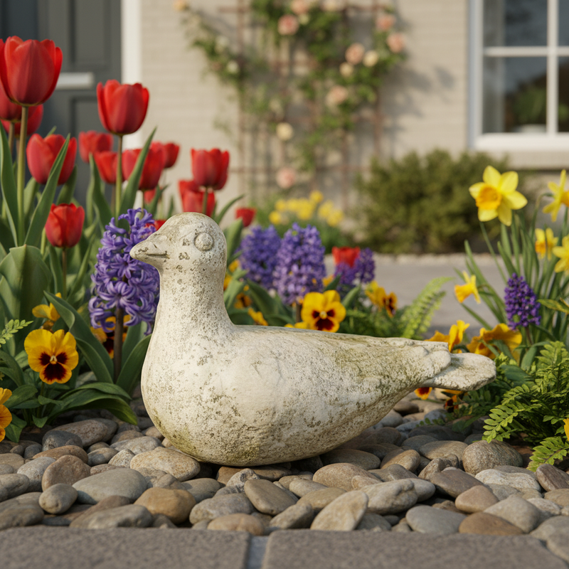 Stone dove sculpture with weathered surface, featuring old world European and classical design elements, simple and serene form. Side Angle