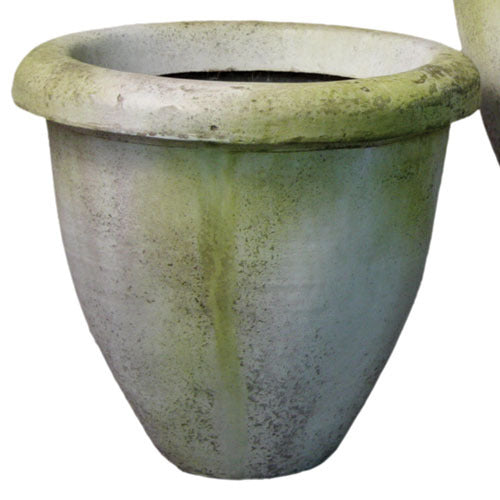 Large, classical urn planter with a wide rounded rim and weathered old world European patina, featuring subtle ornate detailing.