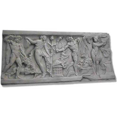 Classical Greek relief panel featuring mythological figures in dynamic poses with ornate, detailed carvings and architectural motifs.
