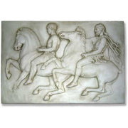 Classical Greek bas-relief showing two riders on horseback, featuring ornate, detailed figures in an ancient, old world European style. Side View