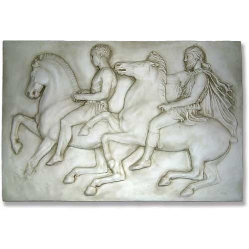Classical Greek bas-relief showing two riders on horseback, featuring ornate, detailed figures in an ancient, old world European style. Side View