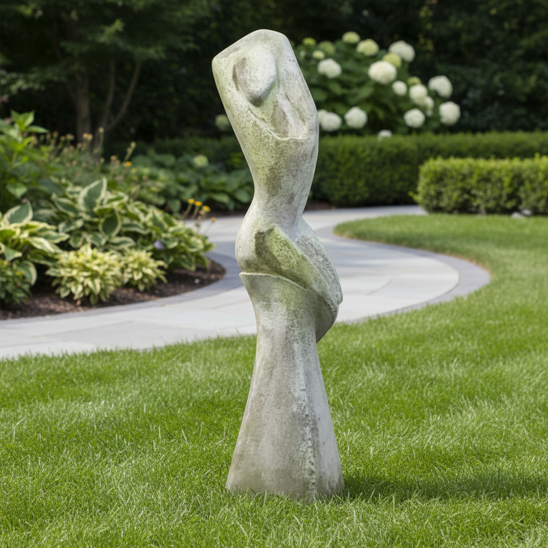 Abstract female figure sculpture with elongated form, classical old world European style, featuring smooth, flowing lines and minimalist details. Side Angle