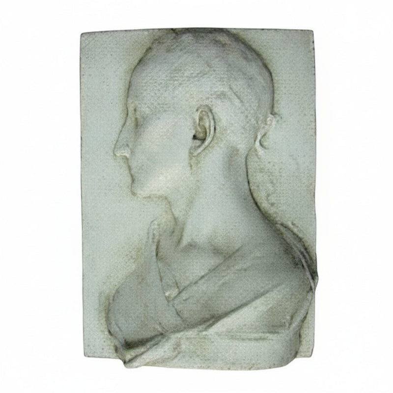 Classical bas-relief plaque featuring a woman in profile with an elegant updo, inspired by Renaissance and old world European style.