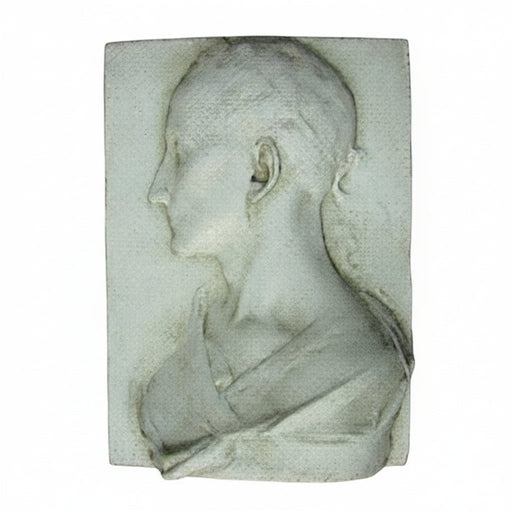Classical bas-relief plaque featuring a woman in profile with an elegant updo, inspired by Renaissance and old world European style.