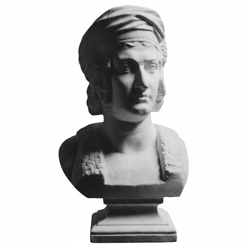 Classical Renaissance bust sculpture with ornate detailing, draped headpiece, and strong facial features on a square pedestal base.