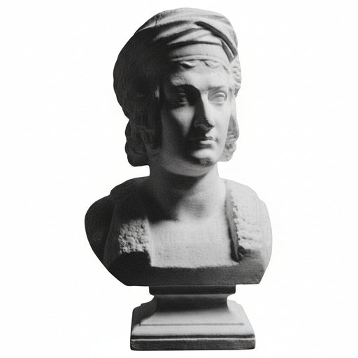 Classical Renaissance bust sculpture with ornate detailing, draped headpiece, and strong facial features on a square pedestal base.