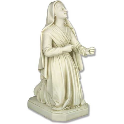Kneeling woman statue in flowing draped robes, classical Renaissance style with serene, upward-gazing expression and ornate detailing.