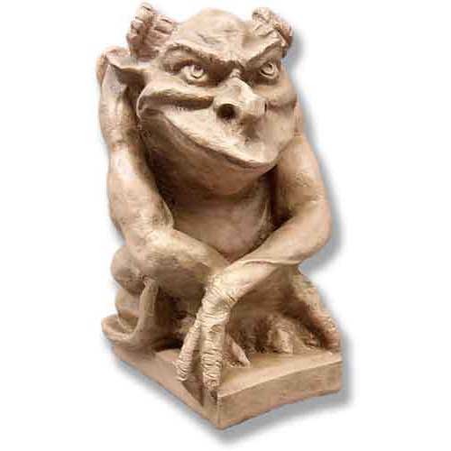 Gothic gargoyle statue with a mischievous expression, crouched pose, and ornate old world European detailing.
