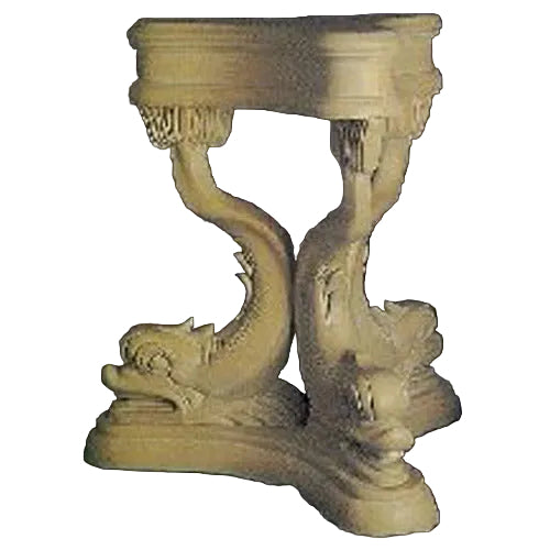 Ornate old world European pedestal table with classical dolphin-shaped legs and intricate carved detailing.
