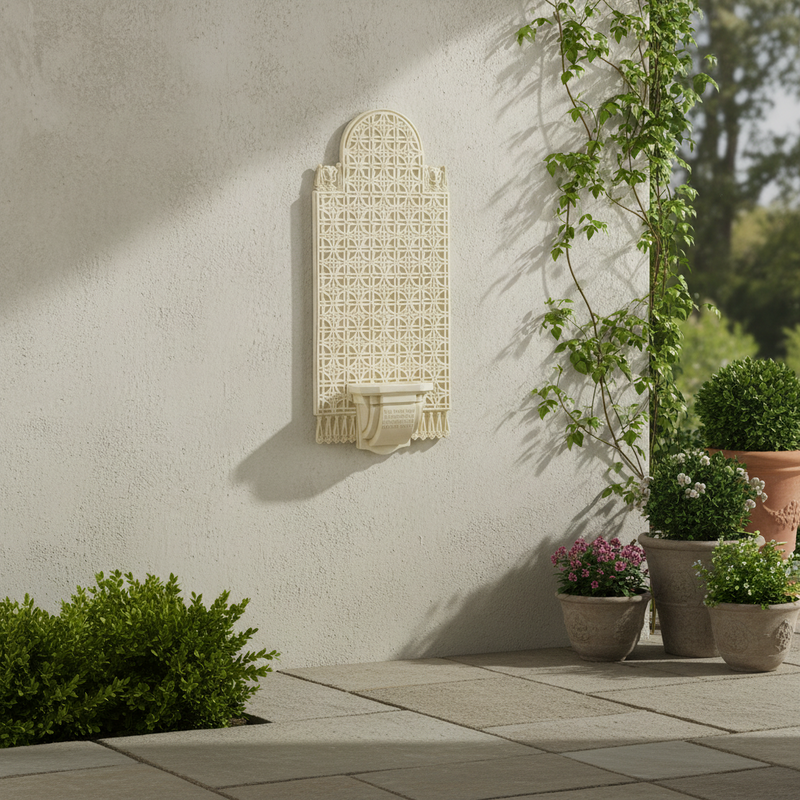 Ornate old world European wall plaque with classical lattice pattern, arched top, and decorative Baroque-style detailing. Side Angle