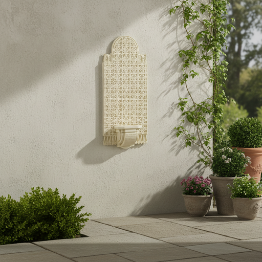 Ornate old world European wall plaque with classical lattice pattern, arched top, and decorative Baroque-style detailing. Side Angle