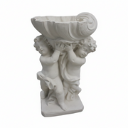 Cherubs holding a large ornate shell bowl in classical Baroque style with intricate old world European detailing. Side View