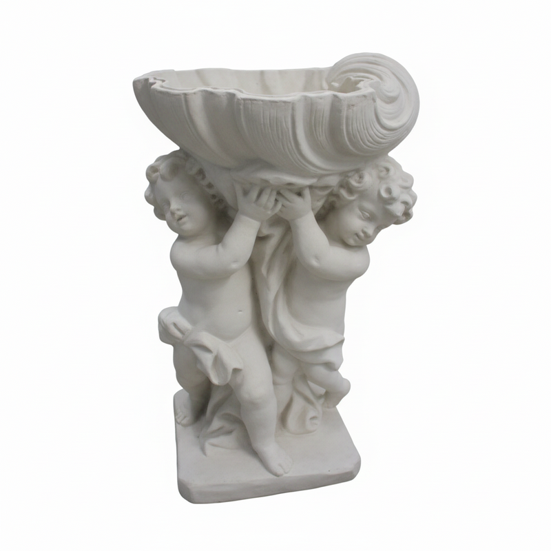 Cherubs holding a large ornate shell bowl in classical Baroque style with intricate old world European detailing. Side View