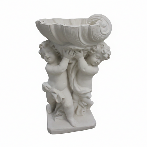 Cherubs holding a large ornate shell bowl in classical Baroque style with intricate old world European detailing. Side View