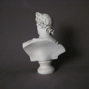 Classical Greek-style bust with ornate drapery and detailed hair, featuring a serene, idealized facial expression. Side Angle