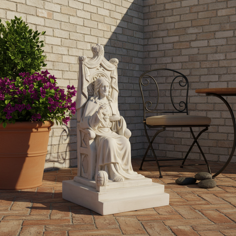 Seated figure on an ornate throne with classical and Gothic detailing, featuring intricate old world European motifs and regal posture. Side Angle