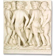 Classical Renaissance relief sculpture featuring six draped figures in a circular dance, with ornate old world European detailing.