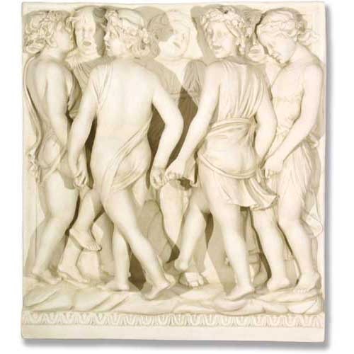 Classical Renaissance relief sculpture featuring six draped figures in a circular dance, with ornate old world European detailing.