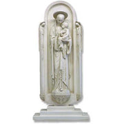 Madonna and Child statue in an ornate Gothic niche with arched top and intricate old world European detailing.