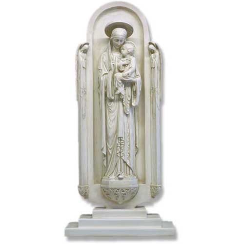 Madonna and Child statue in an ornate Gothic niche with arched top and intricate old world European detailing.