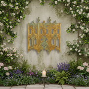 Gothic architectural panel with ornate tracery, pointed arches, quatrefoil details, and decorative finials in old world European style Side Angle