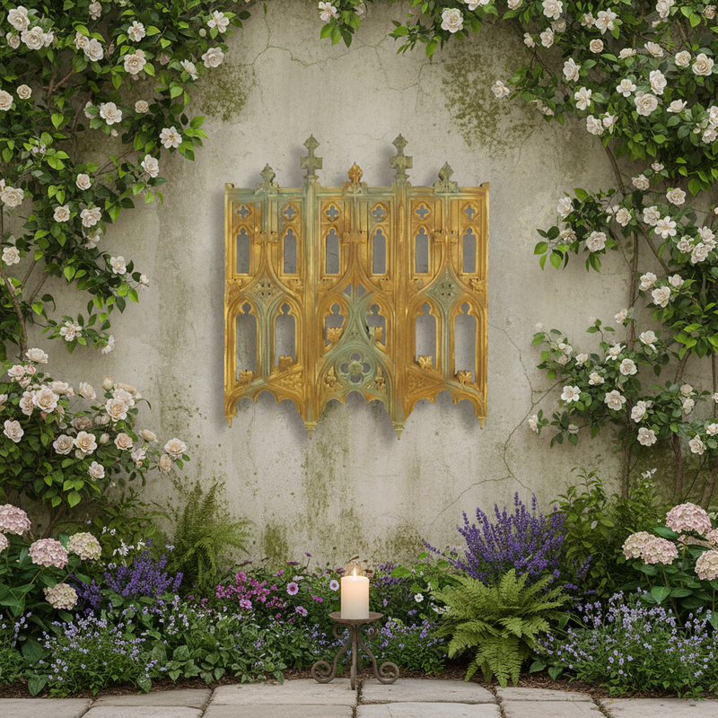 Gothic architectural panel with ornate tracery, pointed arches, quatrefoil details, and decorative finials in old world European style Side Angle