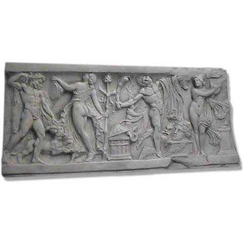 Classical Greek relief panel featuring mythological figures in flowing robes with ornate, detailed carvings and architectural motifs.
