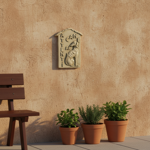 Relief plaque with a classical Italian greyhound and raised “Attenti al cane” text in an old world European style. Side Angle