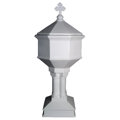 Octagonal Gothic baptismal font with a domed lid, cross finial, and ornate pedestal base in classical old world European style.