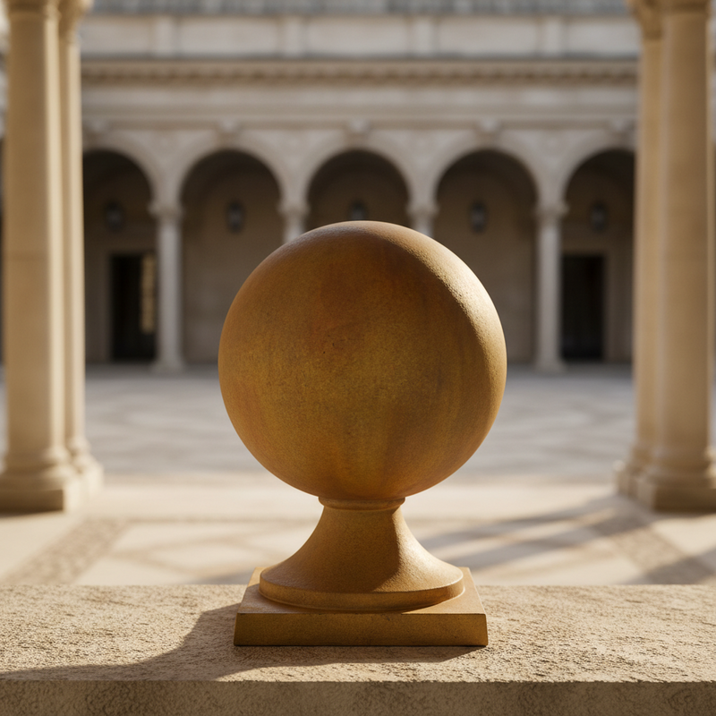 Ornate old world European finial with a classical spherical design on a square pedestal base, evoking Renaissance architectural style. Side Angle